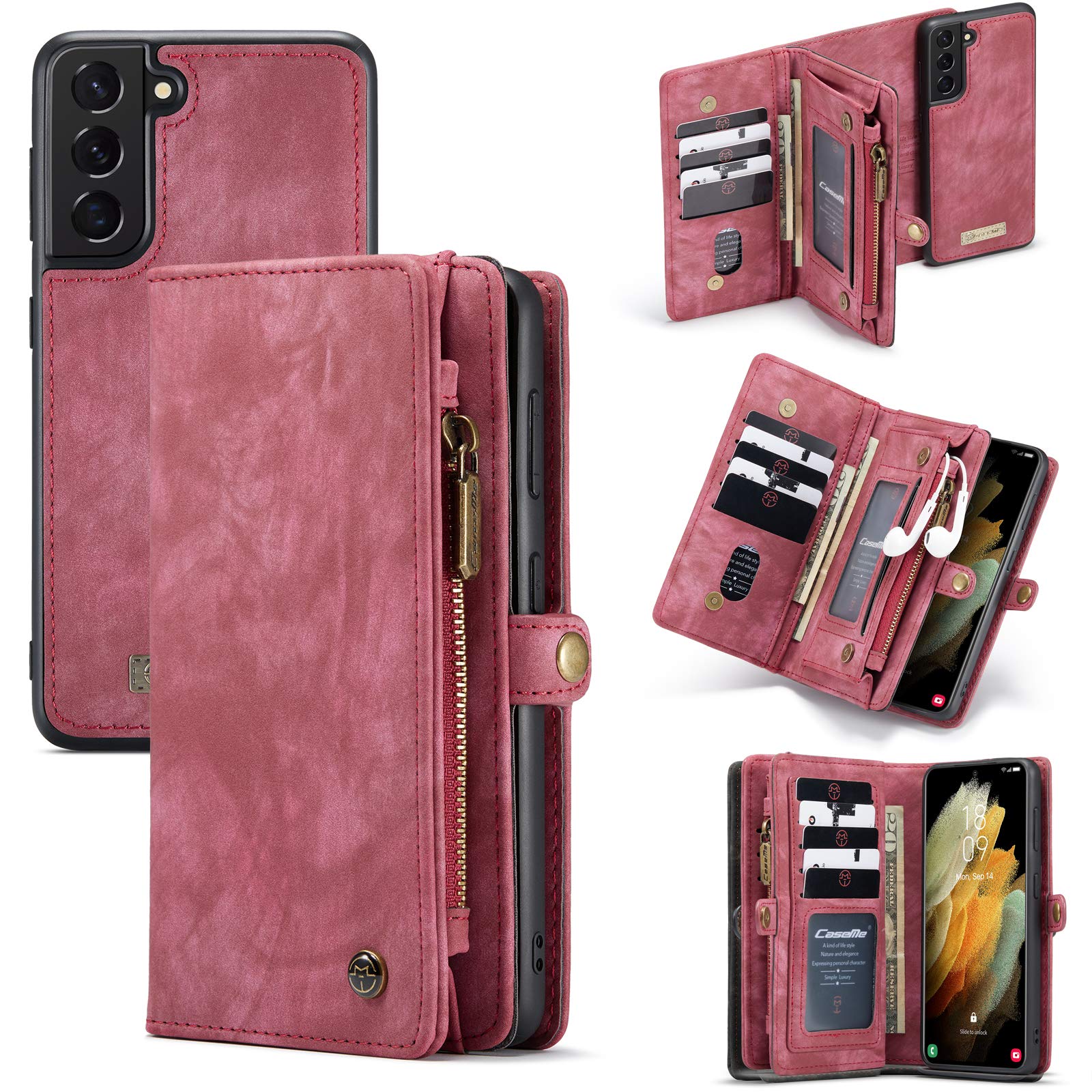 ANROD Detachable Leather Wallet Case for Samsung Galaxy S21 Plus,CaseMe Magnetic Closure 2-in-1 Flip TPU Shockproof Zipper Purse Back Cover with Card Slots (Red)
