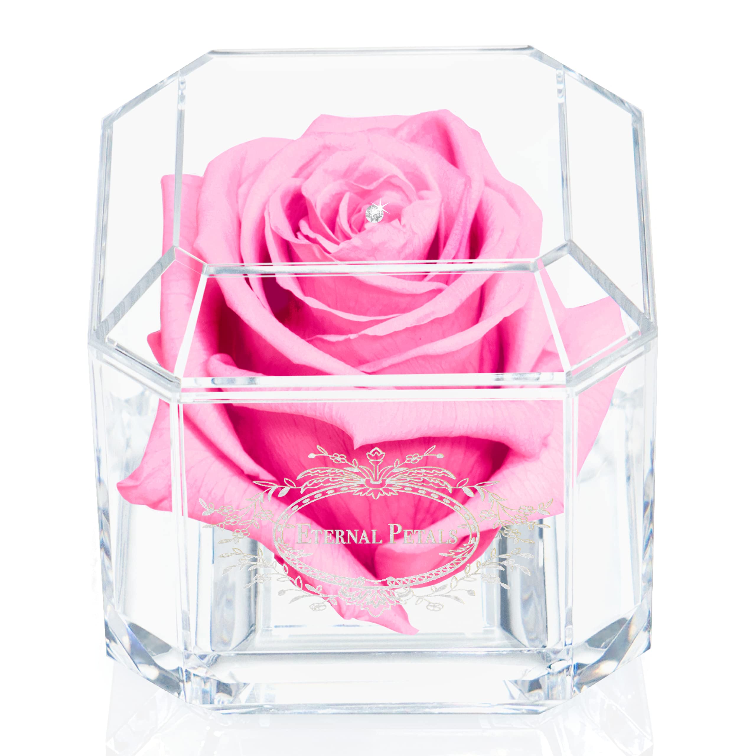 A 100% Real Rose That Lasts Years - Eternal Petals, Handmade in UK – White Gold Solo with A Clear Crystal (Pink)
