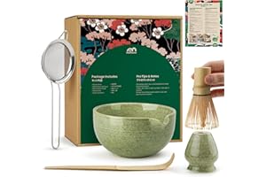METFLAVOR Matcha Whisk Set, Handcrafted Bamboo Chasen & Ceramic Bowl Matcha Kit, Complete 5 Pcs Matcha Set Whisk and Bowl W/Stainless Steel Sifter, Bamboo Scoop & Holder for Matcha Tea Ceremony (Mottled Green)