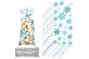 Blulu 100 Pcs Winter Snowflake Cellophane Treat Bags Christmas Candy Goodie Cookie Bags Plastic with Twist Ties for Xmas Wonderland Birthday Winter Holiday Party Favors