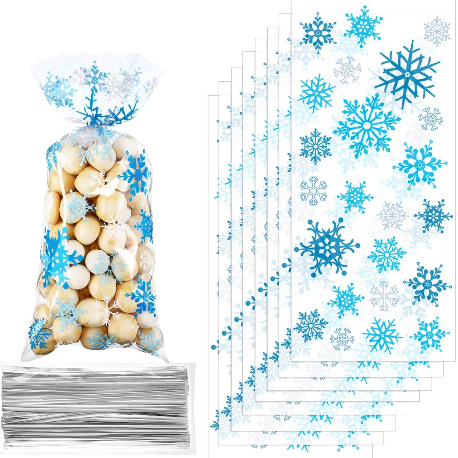 Snowflake Cello Treat Bags Blue Christmas Xmas Theme Party Cellophane Plastic Candy Goodie Bags with Twist Ties for Winter Wonderland Birthday Holiday Party Favors (100 Counts)