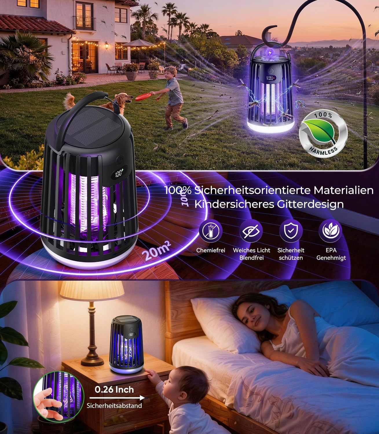 2026 Neu Upgraded Solar Insektenvernichter Elektrisch【DE-Lab #1 Dual-Wave】 Elektrische Fliegenfalle Elektrisch 【30% weniger Knall, sanfter】 Mückenlampe mit Akku für Haus, Garten, Camping etc 5