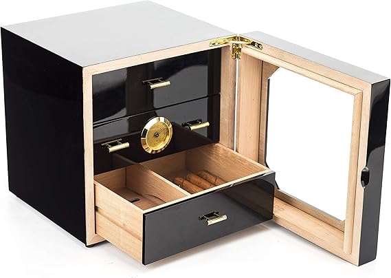 Cigar Humidor Gabinete 3 cajones Escritorio Negro, 50~80 cigarros