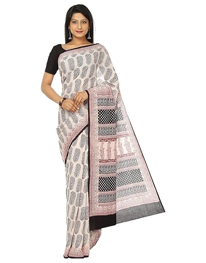 Finest Quality Cotton - Handmade White base Saree with Red and Black Booti and Bold Prints - Bagh Block Print Saree with Blouse Piece