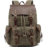 HuaChen Vintage Waxed Canvas Backpack with Genuine Leather Flap, Travel & Work Rucksack, Water-Resistant Daypack with Anti-Theft Pocket, Large/X-Large (15.6/17.3" Laptop), M80 Army Green