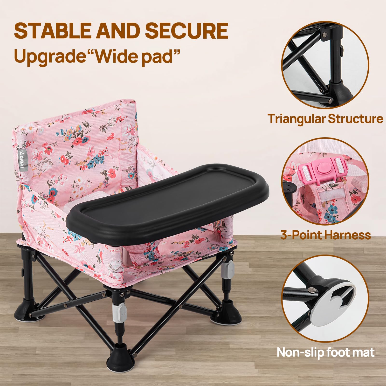 Booster Seat for Kitchen Chair with Removable Tray, Portable Foldable Baby Chair for Babies 6-36 Months, Indoor Outdoor Toddler Camping Chair (Pink Floral Design)