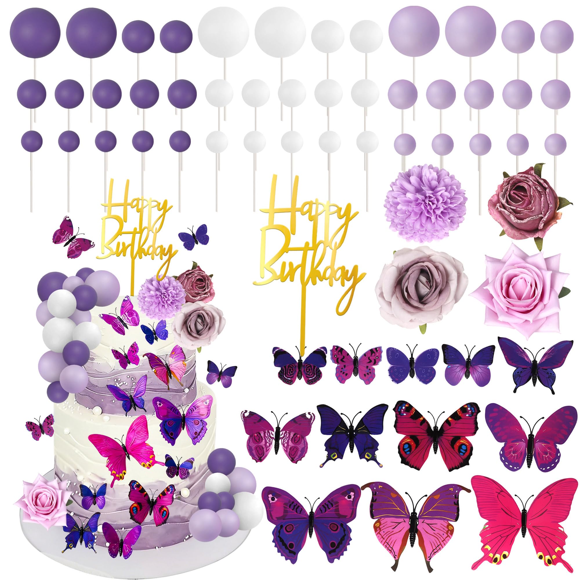SYKYCTCY 57 Pack Flower Cake Decorations Happy Birthday Cake Decorations Purple Flower Butterfly Blalls Cake Topper for DIY Birthday Party Wedding Anniversary Birthday Themed Party Supplies β image 1