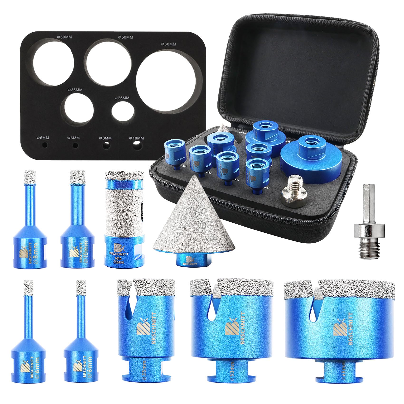 Tile Hole Saw Kit Diamond- BRSCHNITT 10pcs Diamond Core Drill Bit for Porcelain Tile Ceramic Marble Granite Drilling,Finger Chamfer Bit M14 thread