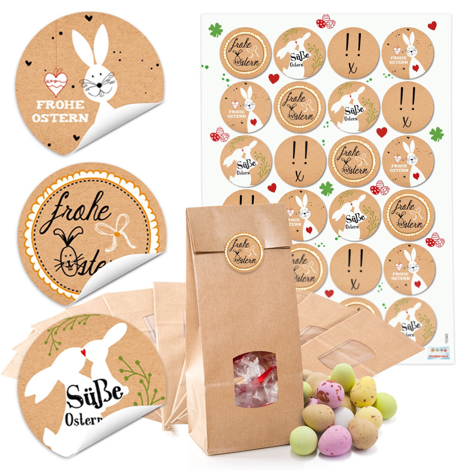 10 Small Brown Paper Bags OSTE Bags Happy Easter Sticker with with Window and Inserts 10.5 x 6.5 x 29 cm + Sheets Package 24 Round Stickers 4 cm Kraft Paper Happy Easter Stickers Pack