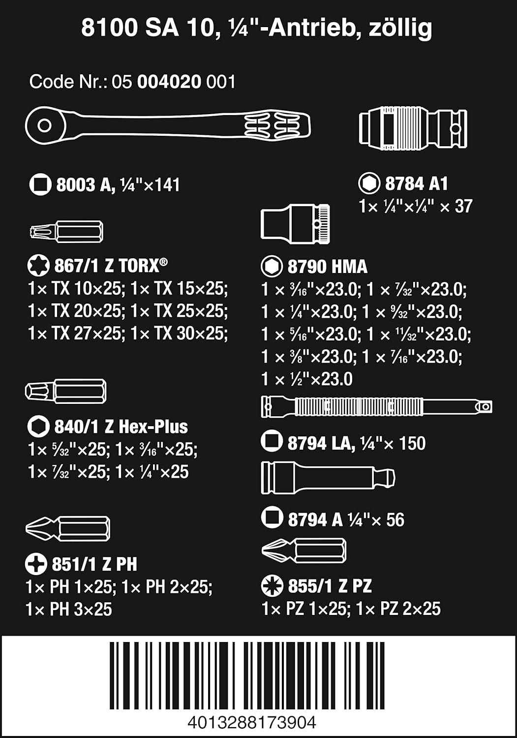 Wera 05004020001 8100 SA 10 Zyklop Metal Ratchet Set including Push-Through Square, 1/4" Drive, Imperial, 28 Pieces - Image 3