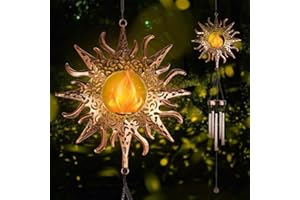 KELVINLUX Solar Sun Wind Chimes Outdoor with Flame, Waterproof Wind Bells Light with Crackle Glass Ball for Outside, Clearance Unique Gifts for Mother's Day, Mom, Women, Girls, Yard, Garden, Party Decor