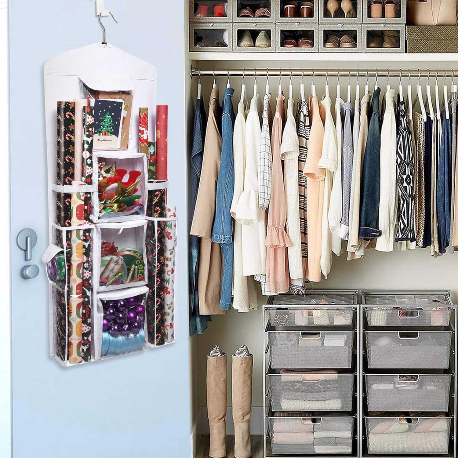 Wrapping Paper Storage Holder Double-Sided Hanging Gift Bag and Gift Wrap Organizer （Original White）: Home & Kitchen