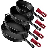 Pre-Seasoned Cast Iron Skillet 4-Piece Chef Set (6-Inch 8-Inch 10-Inch 12-Inch) Oven Safe Cookware - 4 Heat-Resistant Holders