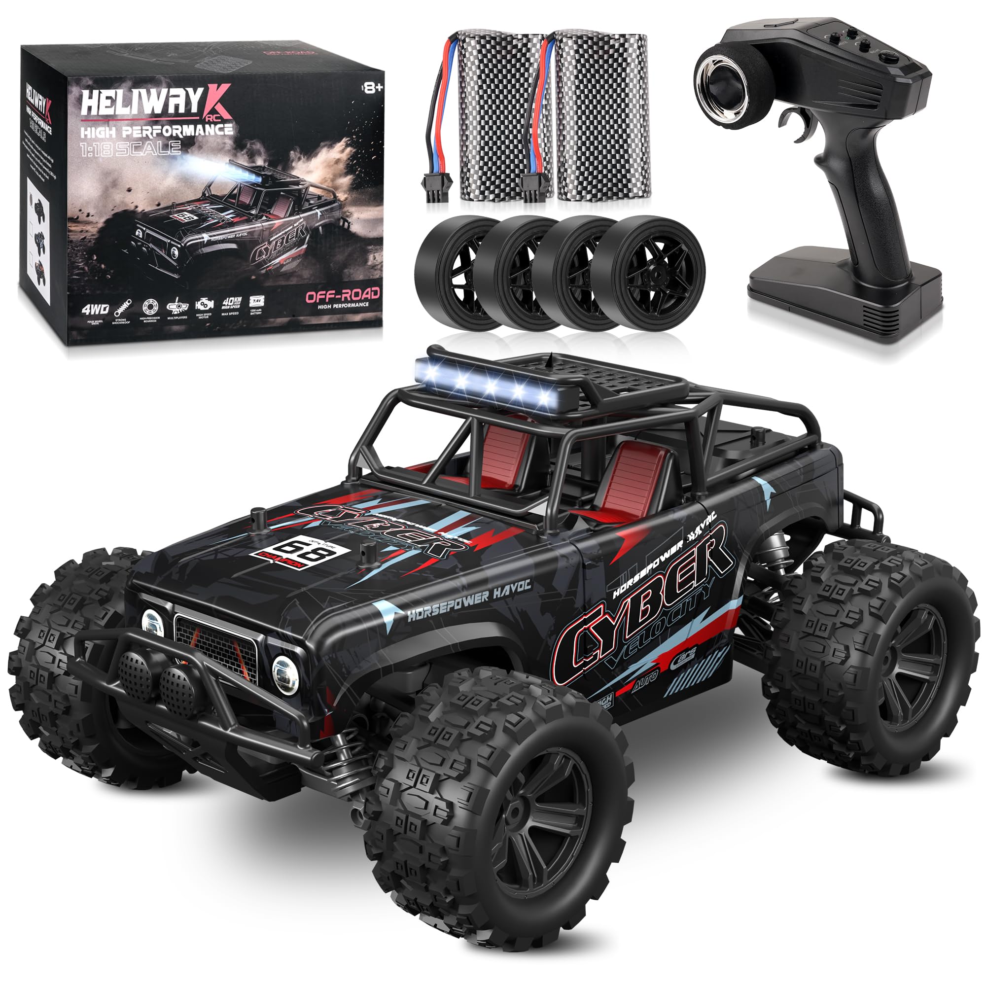 BAZADER Remote Control Cars RC Truck 1:18 High Speed 40KM/H RC Car - 4WD Off Road Truck Toys 2.4GHz All Terrains Toy for Adults Boys Kid with 2 Rechargeable Batteries