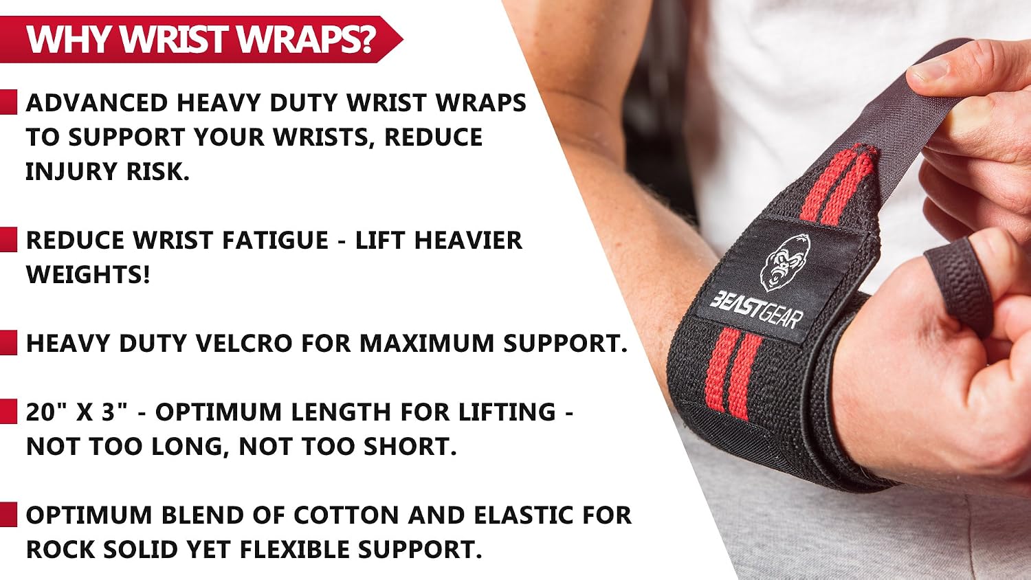 Beast Gear Weight Lifting Wrist Supports Wraps, 20" Cotton Wrist Straps Thumb Loop & One Size Fits All - Image 3