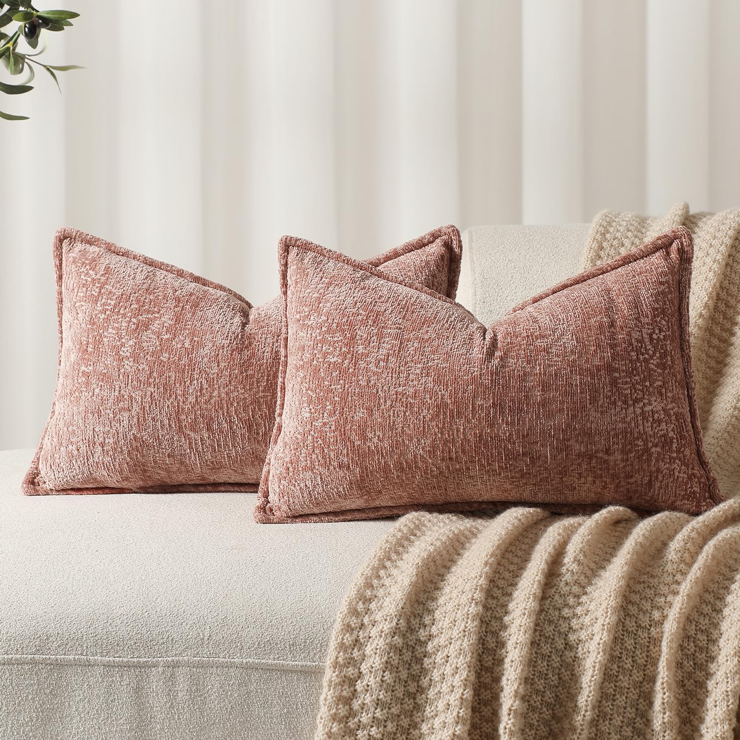 Photo 1 of DEZENE Pack of 2 Dusty Pink Decorative Throw Pillow Covers 12x20 Cozy Soft Chenille Boho Accent Vintage Farmhouse Rectangular Lumbar Couch Pillow Covers for Home Decor Bed Sofa Living Room