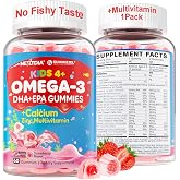 Nextdia Omega 3 (EPA/DHA) Filled Gummies for Kids Teen with Multivitamin, Calcium + D3 + K2 + Zinc, Plus Vitamin A B1 B2 B12 C, Selenium, Iodine, No Fish Taste, Sugar Free