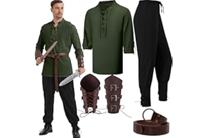 YUANTU 5 pcs Halloween Men's Renaissance Costume Set Viking Costume Medieval Pirate Shirt Ankle Banded Pants Belt Accessories