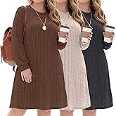Velvelhall 3 Pack Women's Plus Size Sweater Dresses Long Sleeve Crew Neck Tunic Dresses Ribbed Knit Casual Loose Fall Outfits