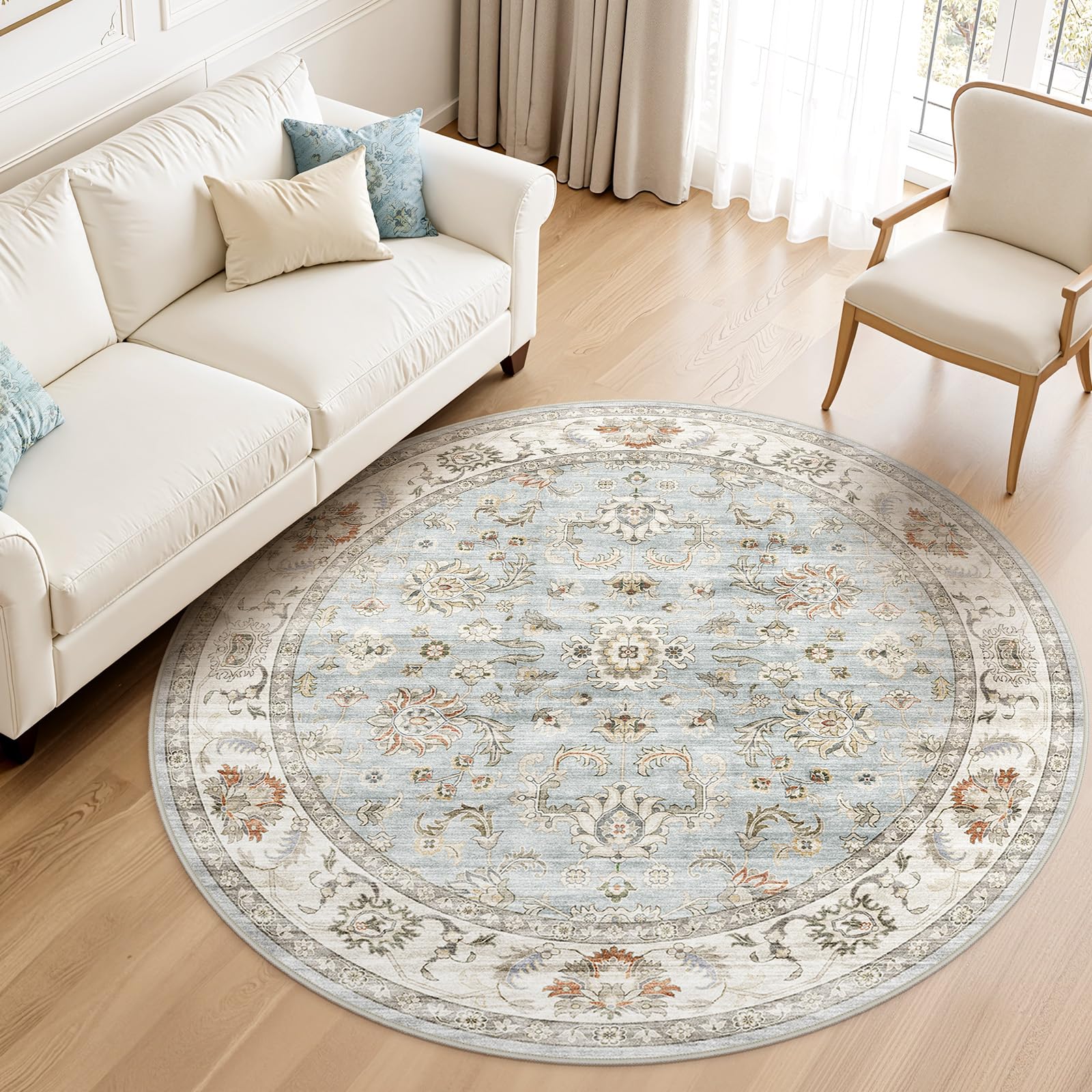 WITSHOCK 6ft Round Area Rugs for Living Room: Non-Slip Washable Vintage Soft Large Circle Rug - Soft Low Pile Carpet for Bedroom Under Dining Table Home Office Decor (Light Blue) Image