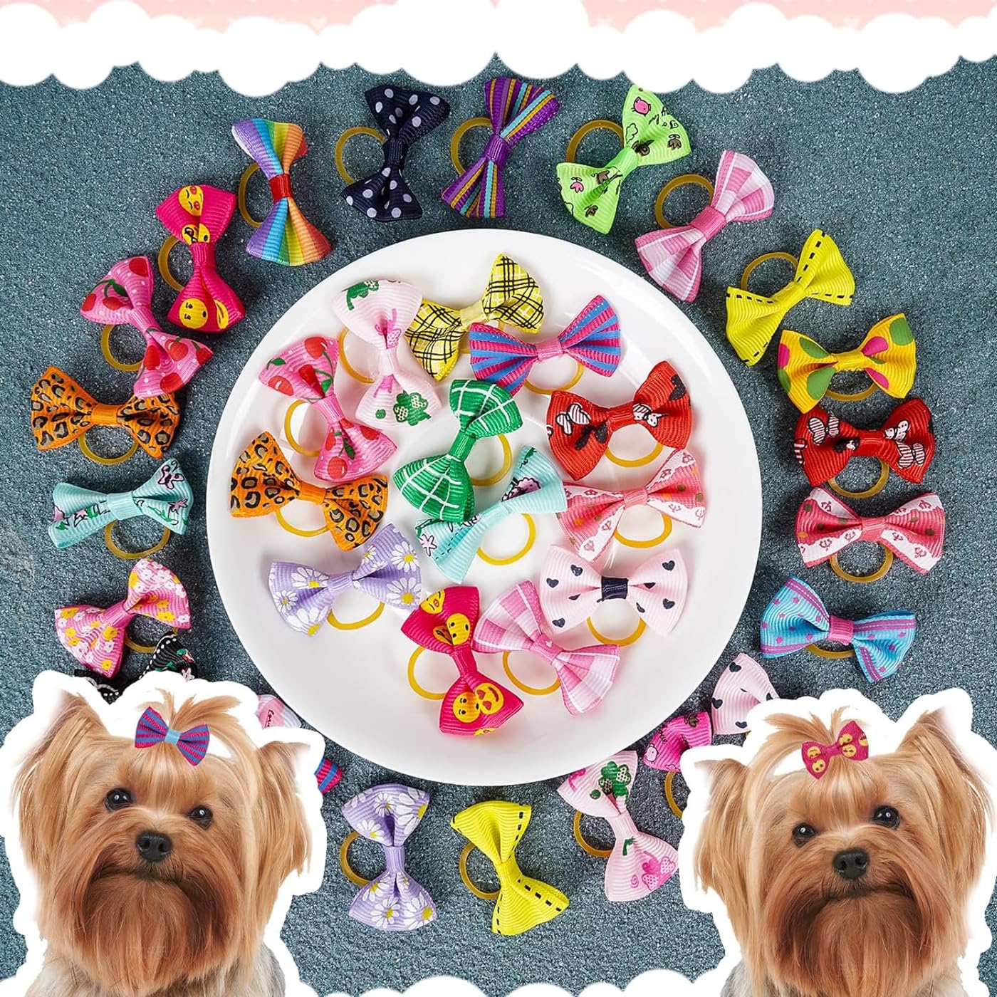 Chenkou Craft 50pcs/25pairs New Dog Hair Bows With Rubber Band Bow Pet Grooming Products Mix Colors Varies Patterns Pet Hair Bows Dog Accessories