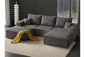 GERICCO Boneless Sectional Cloud Couch Sofa for Living Room, 112" U-Shaped Modular Modern Lounge Sleeper Grey Couches with Chaise, No Assemble, Cordury Compression Upholstered Sofas