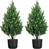 Set of 2 Artificial Cedar Topiary Trees, 27.6'' Outdoor Faux Plants Pine Shrubs with Pots, UV Resistant Realistic Fake Evergreen Cypress Bushes for Indoor Front Porch Door Offices Home Decor
