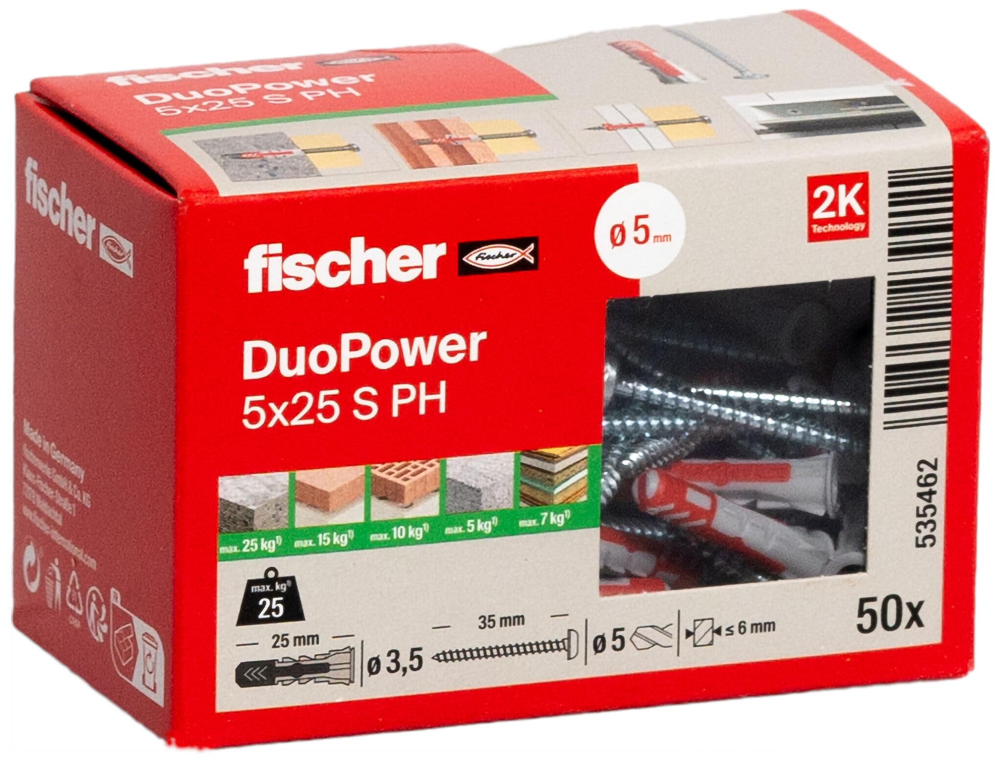 fischer DuoPower 5 x 25 S PH, powerful universal plug with panhead screw, intelligent 2-component technology for fastenings in concrete, bricks, stone, gypsum plasterboard, etc., 50 plugs & 50 screws