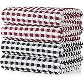 SALAS Cotton Dish Towels Cloths for Kitchen Drying Dishes, Lattice Terry Kitchen Towels, Absorbent Cloths with Hanging Loop, 16‘’ x 26‘’, 4 Packs, Wine Red and Black