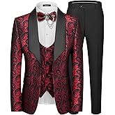 MAGE MALE Mens 3 Piece Floral Tuxedo Suits Slim Fit Paisley Shawl Lapel Suit for Dinner Prom Wedding