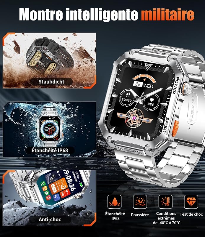Montre Connectée Homme avec 3 Bracelets, Grand Écran HD de 2,01", Appels Bluetooth, Suivi de la Fréquence Cardiaque, Podomètre, Smartwatch Étanche IP68 Compatible Android et iOS, EF2-M — photo 7 sur 7