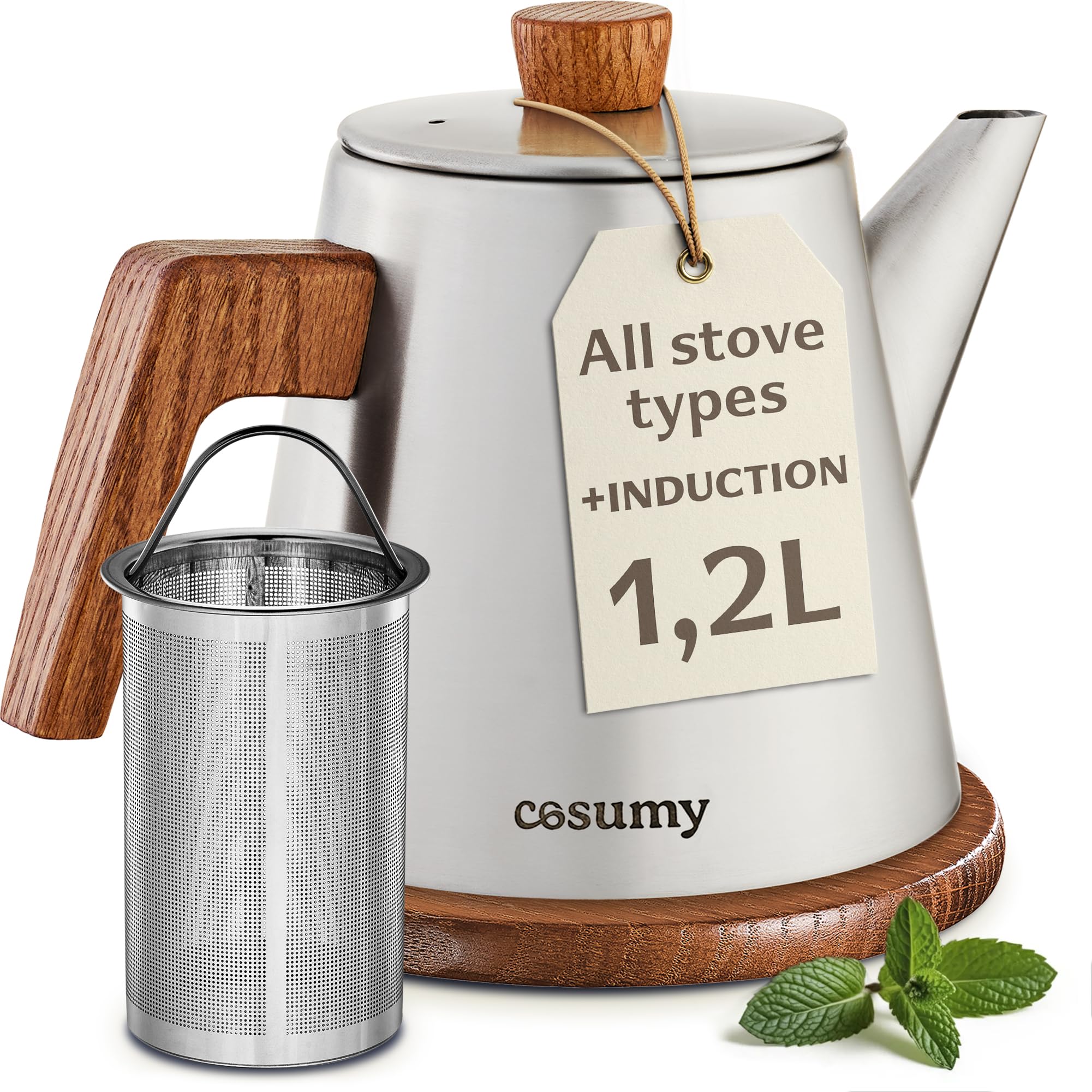 Cosumy Teapot with Stainless Steel Infuser - 1200ml - Including Coaster - for Induction and All Other Stovetops