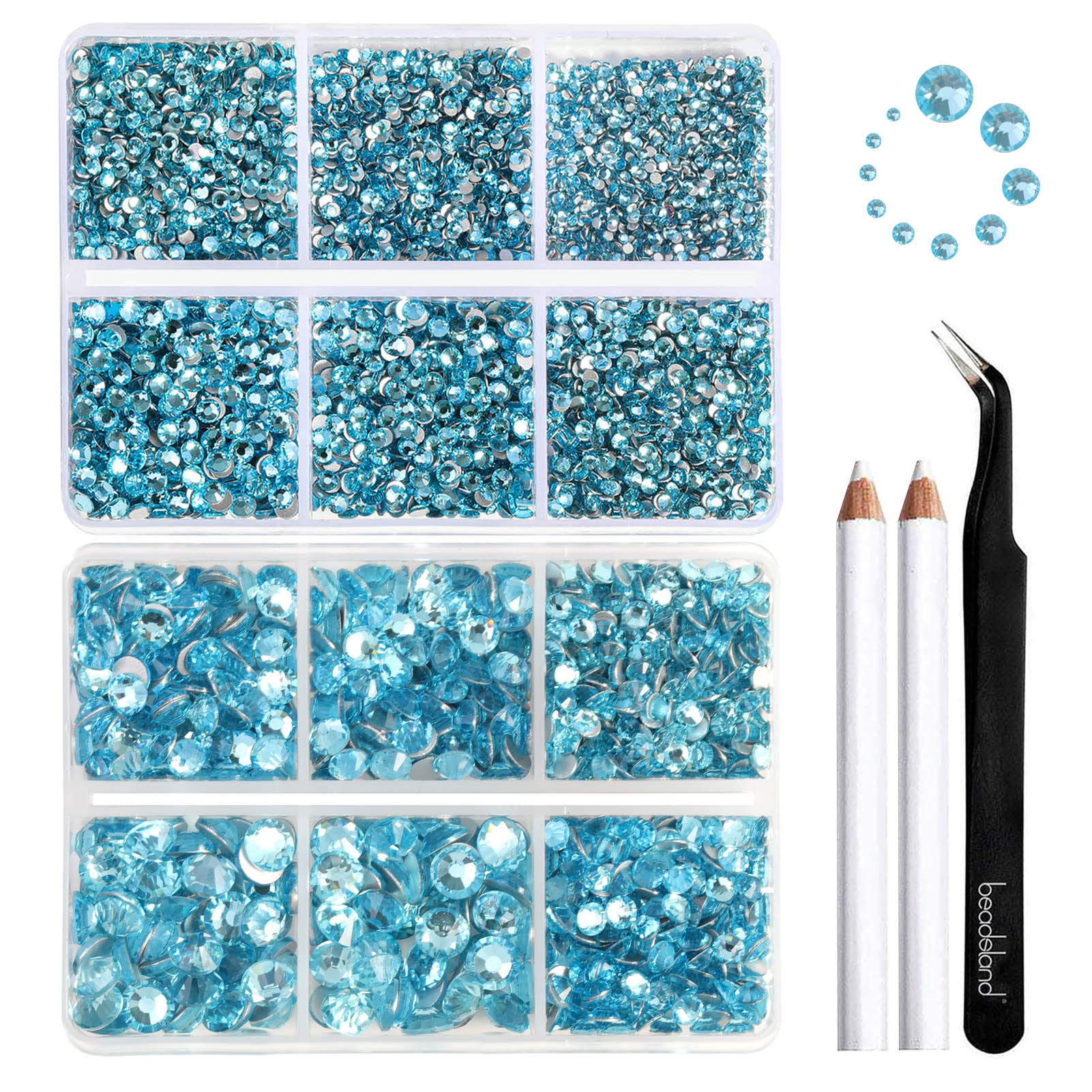 Beadsland 8300PCS Flatback Rhinestones, Blue Rhinestone Nail Gems Round Crystal Rhinestones for Crafts, Mixed 10 Sizes with Wax Pencil and Tweezer Kit, SS3-SS30, Aquamarine