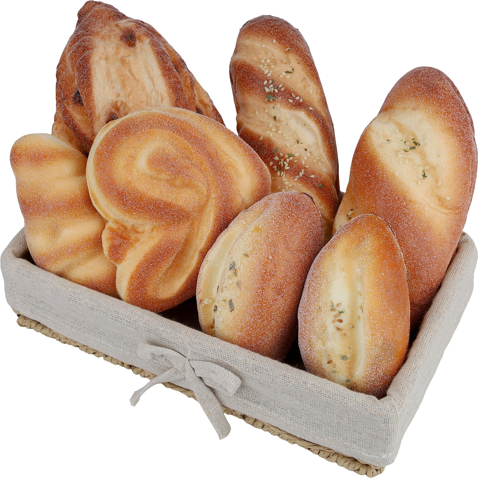 Funzhan 7pcs Artificial Bread Decoration Fake French Bread Lifelike Croissant Loaf Simulation Sesame Baguette Model Rhombus Twist Pastry Food Set Kitchen Party Cafe Bakery Shop Display