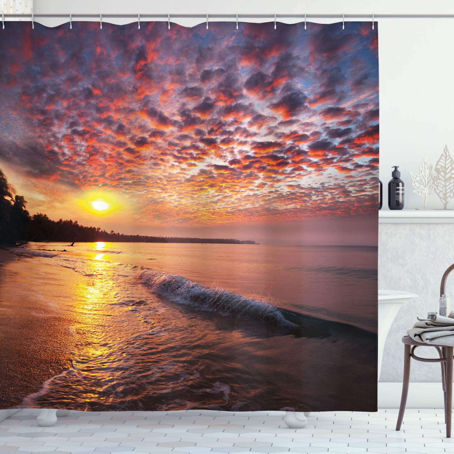 ABAKUHAUS Landscape Shower Curtain, Photo of Sunrise with Cloudy Sky at Seashore Dramatic Dawn Island Forest, Cloth Fabric Bathroom Decor Set with Hooks, 94 Inches, Orange Mauve Blue