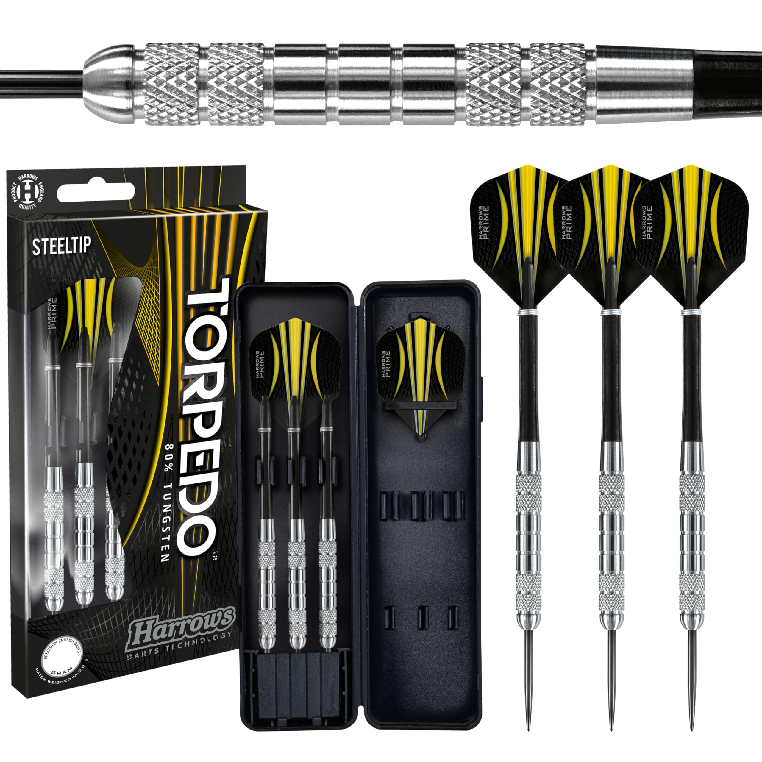 Harrows Torpedo Darts, 80% Tungsten Steel Tip Dart Set 21g, 22g, 23g, 24g, 25g, 26g & 27g - Includes Nylon Shafts, Marathon Flights & Darts Travel Case.