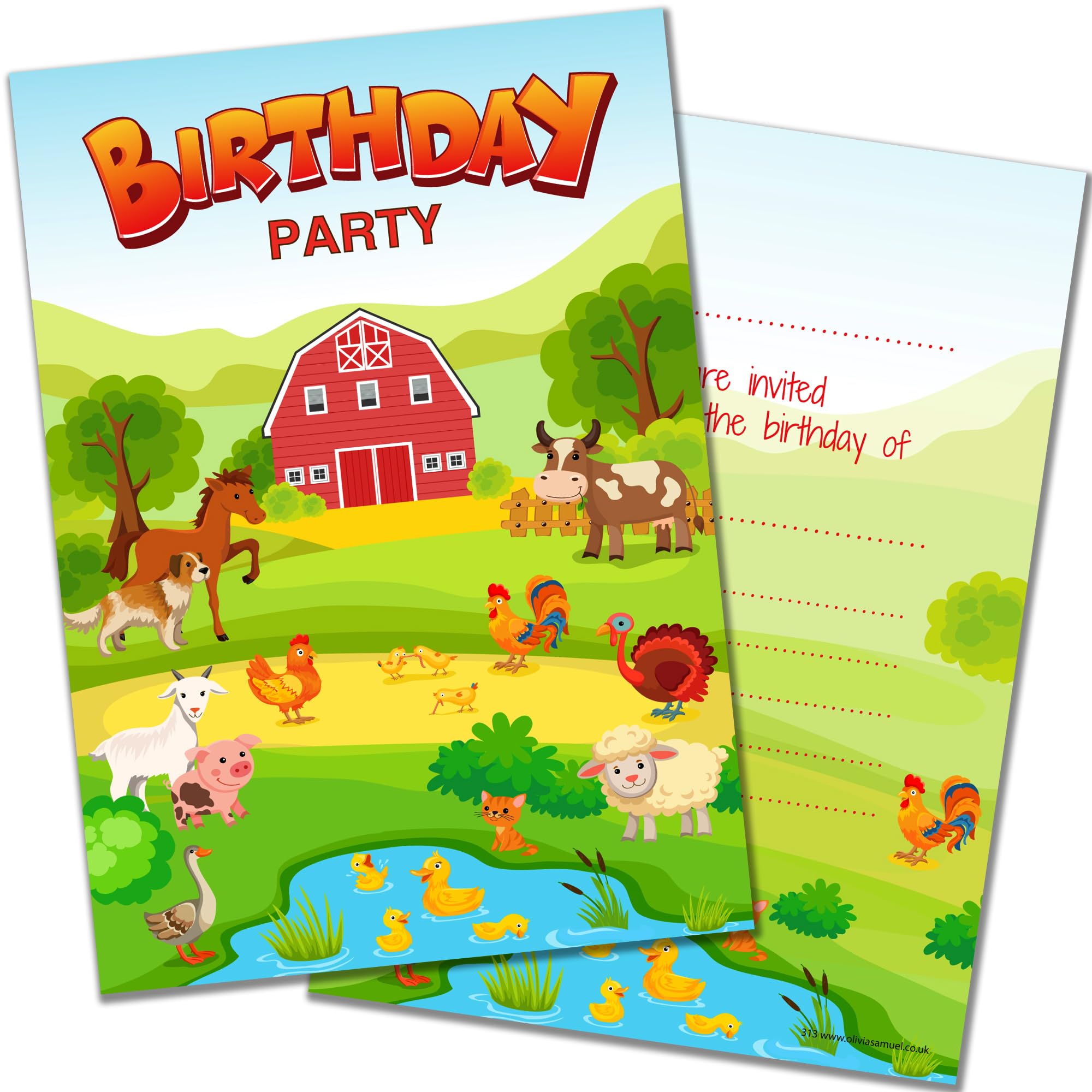 Olivia Samuel 20 x Farm Birthday Party Invitations from Farmyard animals design.