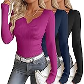 Oakgarden 3 Pack Women's Long Sleeve Shirts Cotton Ribbed Scoop Neck Vnotch Tops Slim Low Cut Stretch Basic Tees
