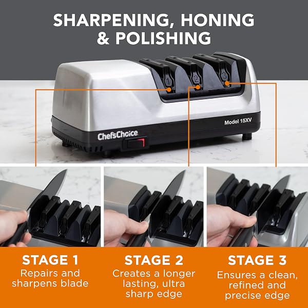 CHEF’SCHOICE 15XV EDGESELECT PROFESSIONAL ELECTRIC KNIFE SHARPENER WITH 100-PERCENT DIAMOND ABRASIVES AND PRECISION ANGLE GUIDES FOR STRAIGHT EDGE AND SERRATED KNIVES, 3-STAGE, GRAY