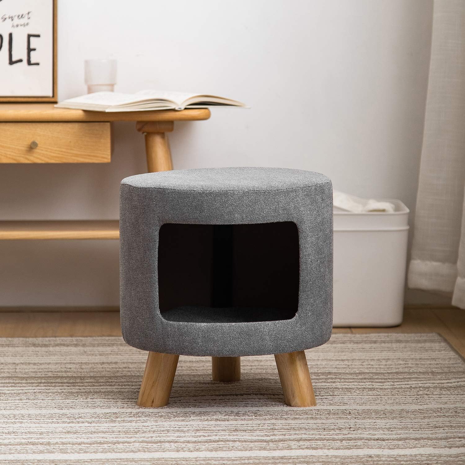 HuiDao Cat Condo Ottoman Round Foot Stool Ottoman with Cave and Inner Pad, Small Dog and Cat House Ottoman (Gray) : Pet Supplies