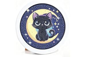Gemozaic Cat Diamond Art Kits for Kids with Round Frame, Black Cat Diamond Art for Kid Ages 6-8-12, Animal Gem Painting for Gift Home Wall Decor (8x8inch)