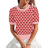 Women Puff Short Sleeve Sweater Casual Cropped Knit Shirts Cute Heart Holidays Graphic Print Pullover Jumper Tops 2025