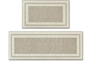 Artoid Mode Rubber Non-Slip Washable Absorbent Kitchen Rugs and Mats Set of 2, Kitchen Mats for Floor Kitchen Runner Hallway Laundry Room in Front of Sink Beige Grey - 17x29 and 17x47 Inch