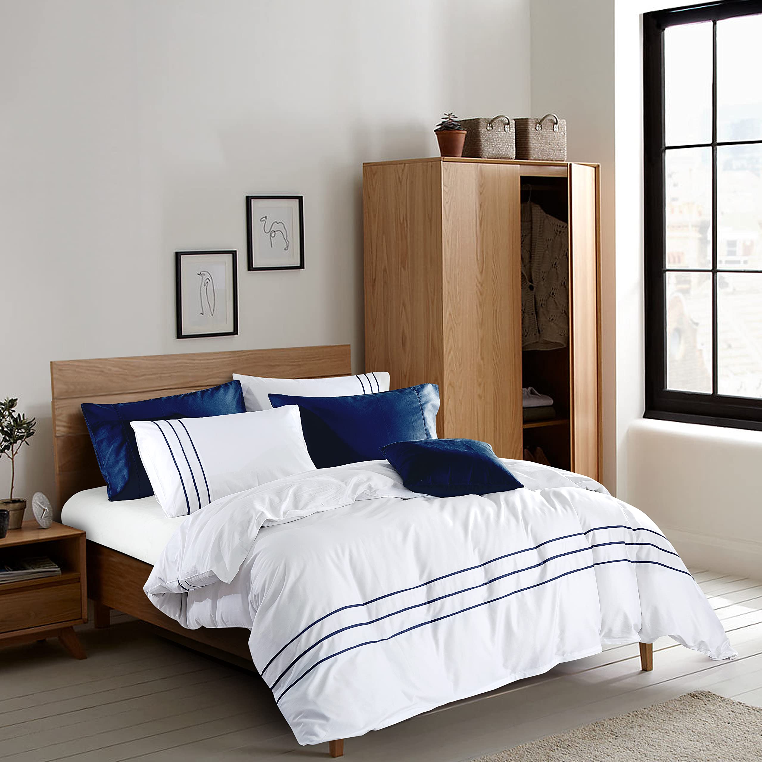 Photo 1 of MengBoo Karen 2 Pieces White Duvet Cover Set Without Filling Navy Stripe Trim 100% Egyptian Cotton 300 Thread Count Soft Sateen Hotel Collection Zipper Closure Corner Ties(White Navy,Twin)