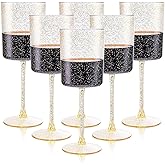 Ciaell 6 Pack Gold Plastic Wine Glasses - 10 Oz Disposable Glasse with Stem - Disposable Wine Glasses Perfect for Parties & Weddings & Poolside & Outdoors & Camping