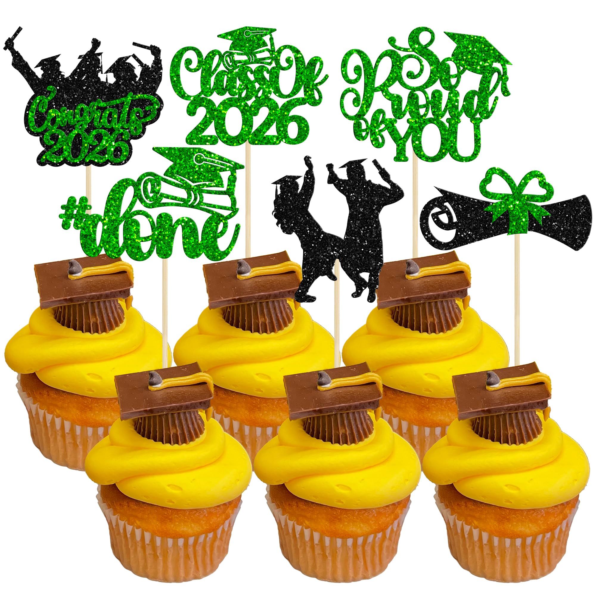 Gyufise 24Pcs 2026 Graduation Cupcake Toppers Glitter Class of 2026 So Proud of You Congrats 2026 Cap Diploma Cupcake Picks 2026 Graduation Theme Party Cake Decorations Supplies Green — image 1