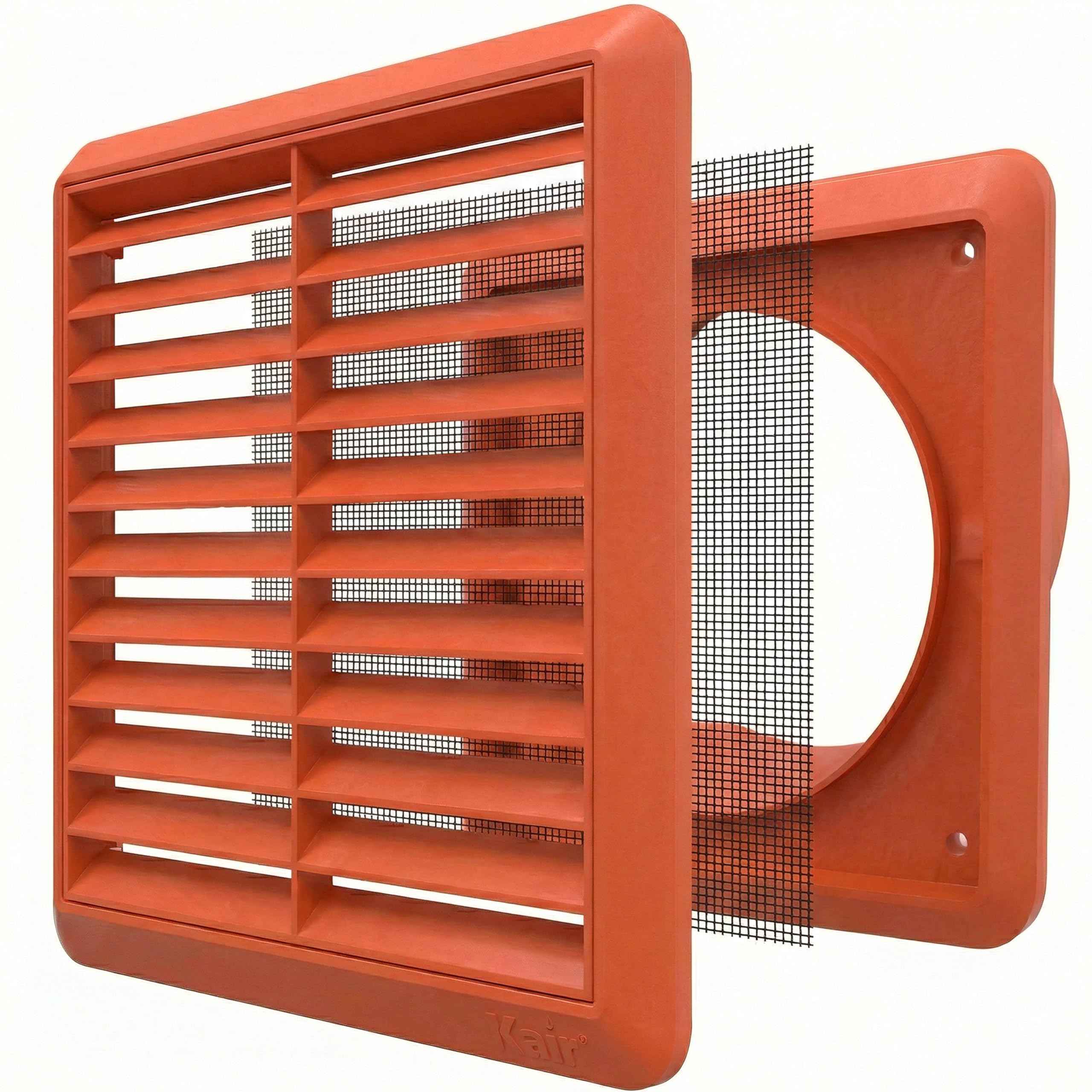Kair Terracotta 100mm Louvred Wall Vent Grille with Flyscreen - 99.5mm / 4 Inch Round Rear Spigot & 155mm Front Cover
