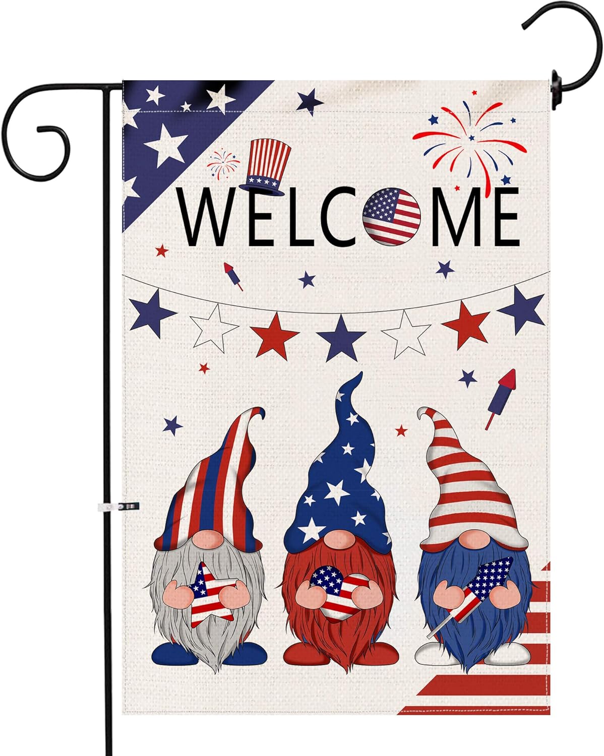 Hexagram 4th of July Welcome Gnomes Garden Flag,Burlap Patriotic Small Yard Flag 12x18 Double Sided,Outdoor American Independence Day Stars and Stripe Porch Home Memorial Day Decoration and Sign