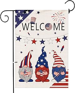 Hexagram 4th of July Welcome Gnomes Garden Flag,Burlap Patriotic Small Yard Flag 12x18 Double Sided,Outdoor American Independence Day Stars and Stripe Porch Home Memorial Day Decoration and Sign