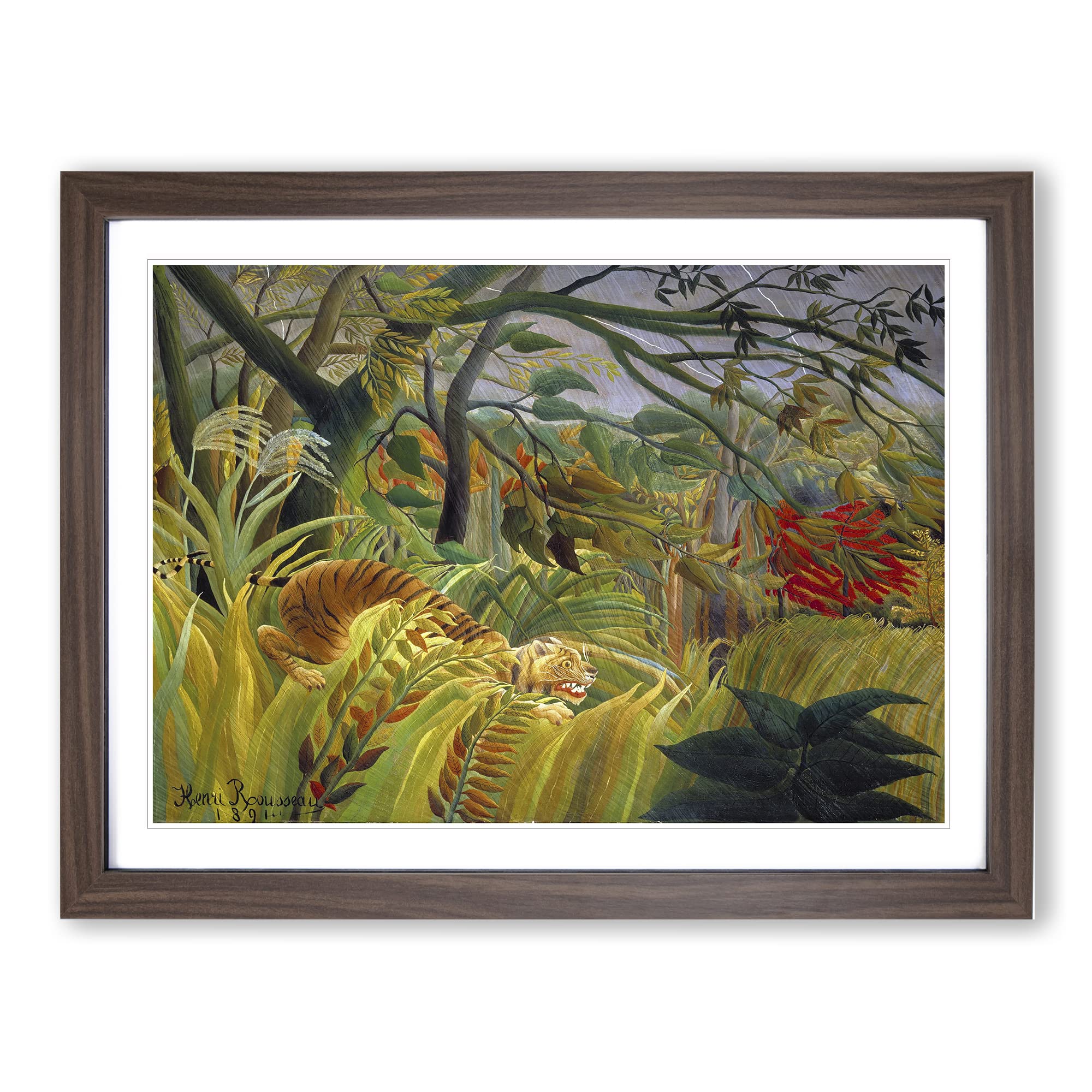 Tiger In A Tropical Storm By Henri Rousseau Classic Painting Framed Wall Art Print, Ready to Hang Picture for Living Room Bedroom Home Office Décor, Walnut A4 (34 x 25 cm)